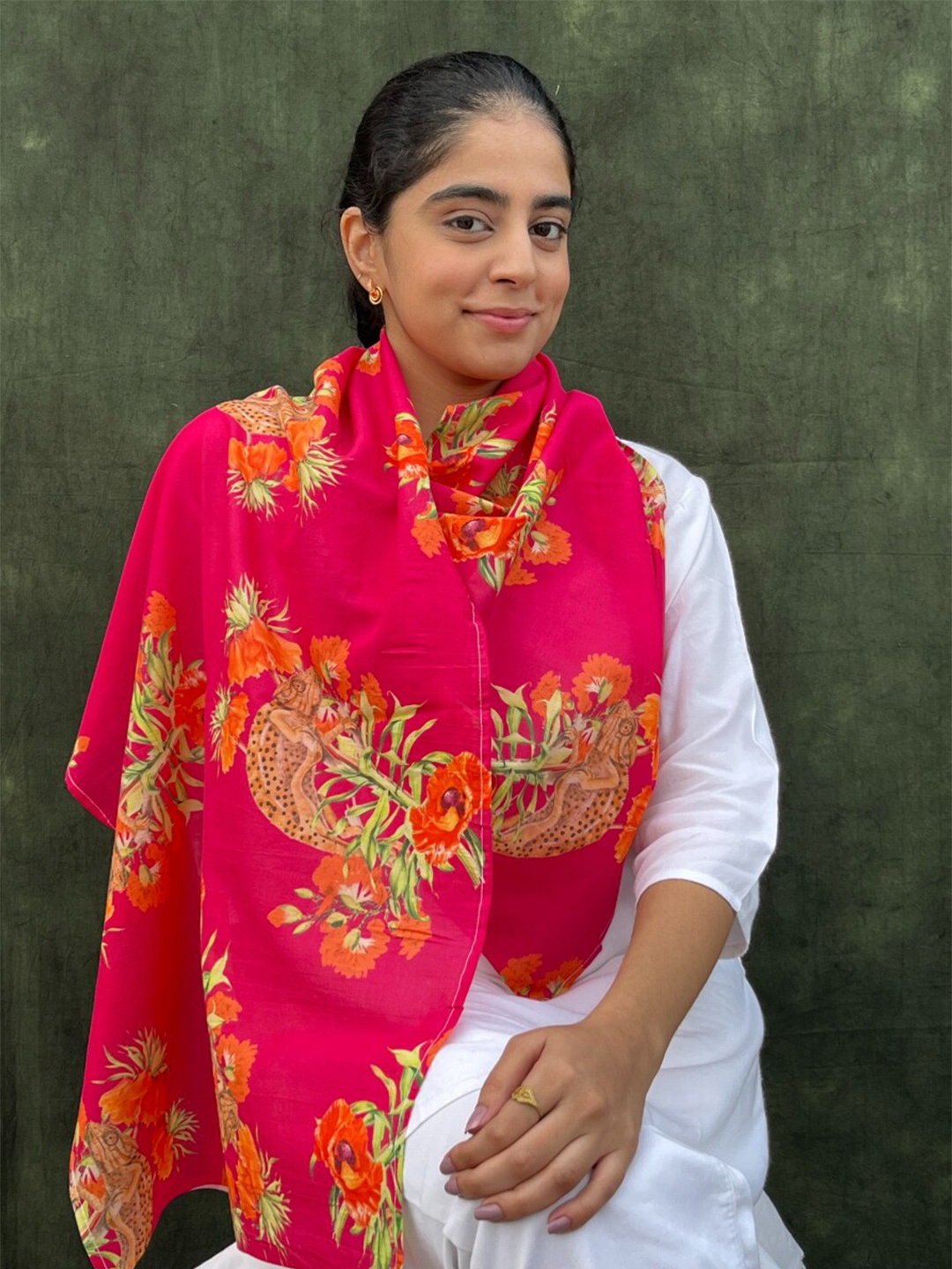 

BUTA BUTI Floral Printed Cotton Scarf, Fuchsia