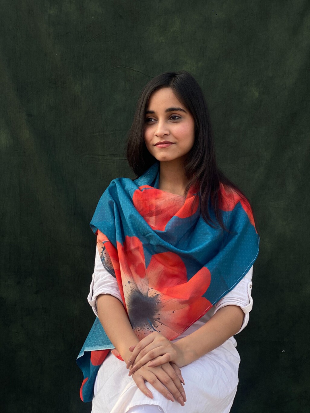 

BUTA BUTI Floral Printed Cotton Scarf, Blue