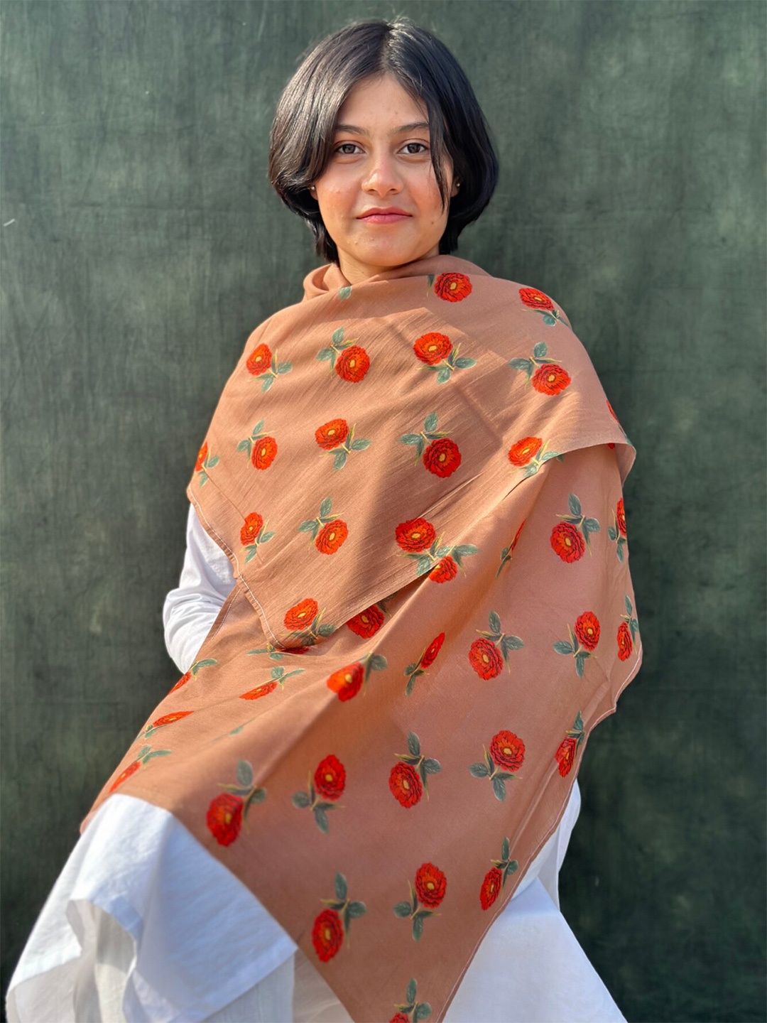 

BUTA BUTI Floral Printed Cotton Scarf, Camel brown