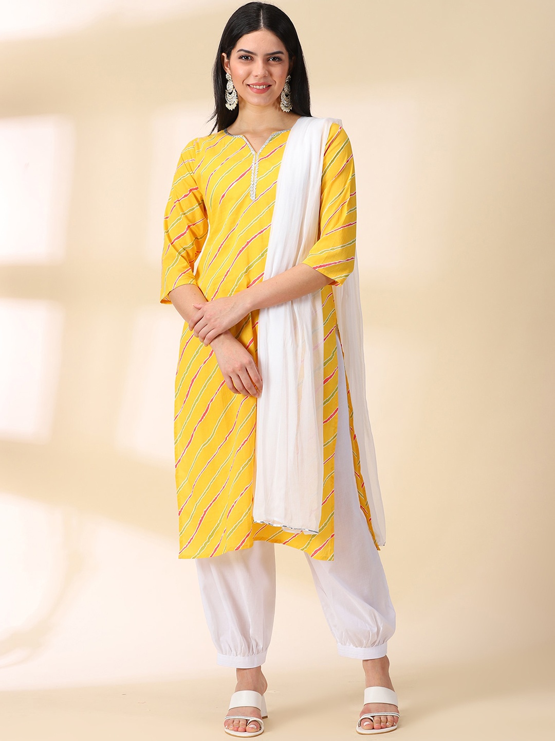 

DIVINATION Leheriya Printed Pure Cotton Kurta with Salwar & Dupatta, Yellow