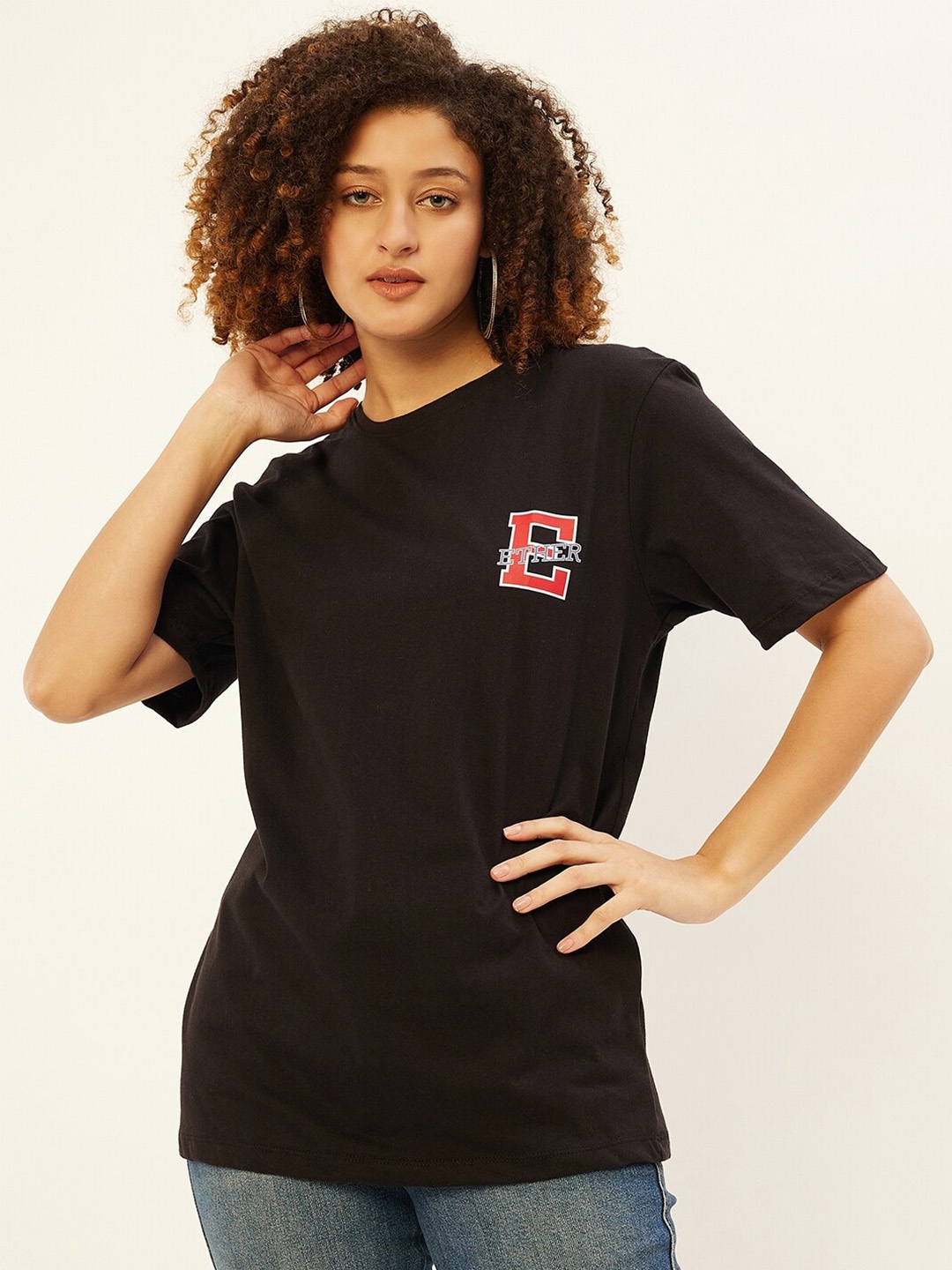 

ether Brand Logo Printed Pure Cotton Oversized T-shirt, Black