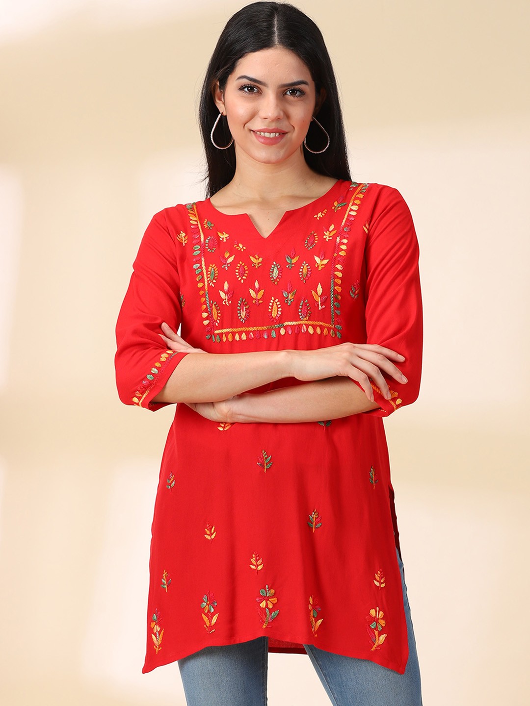 

DIVINATION Ethnic Motifs Embroidered Chikankari A-Line Kurti, Red