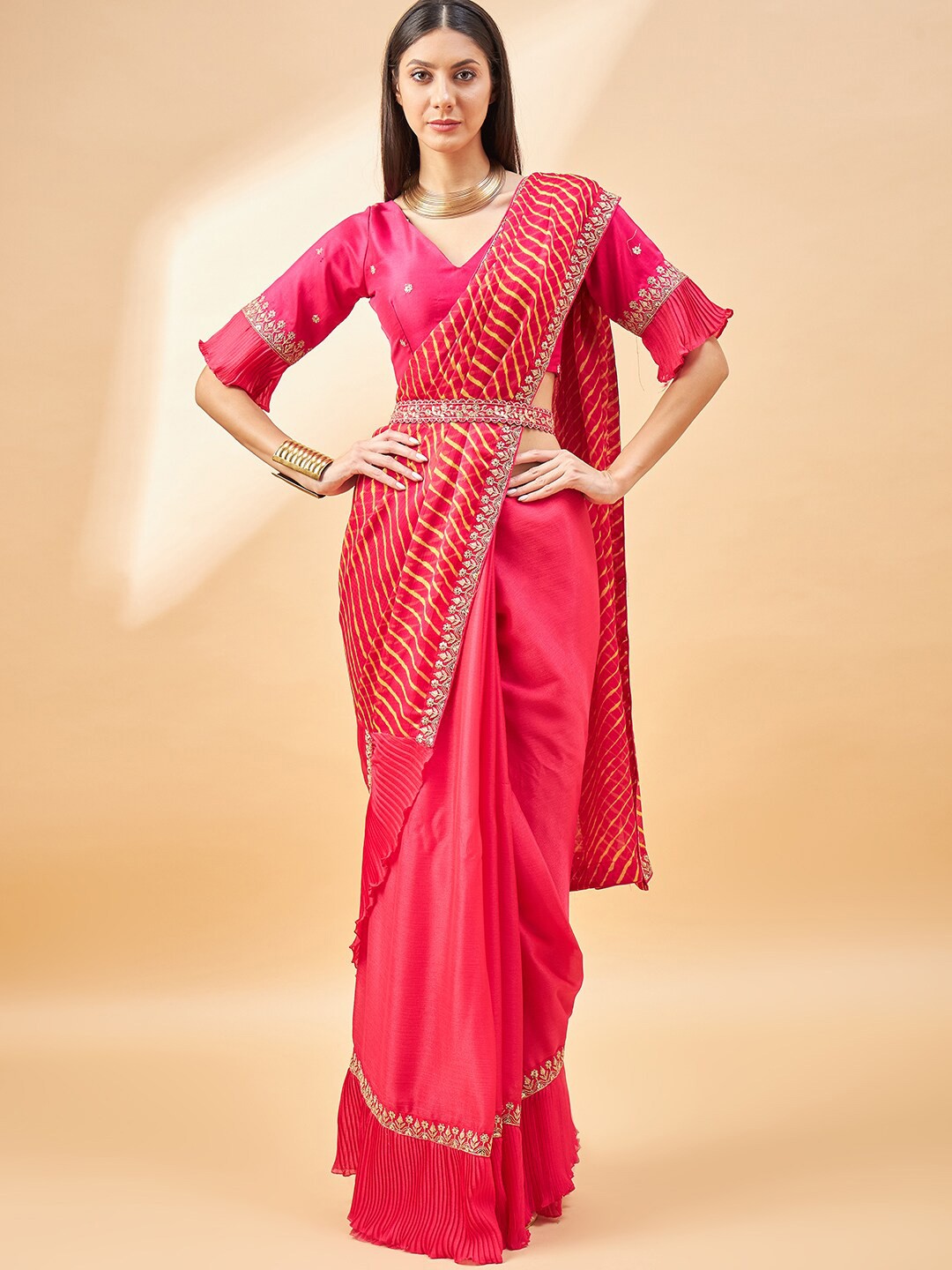 

all about you Magenta Lehariya Frill with Embroidery Lace Half & Half Printed