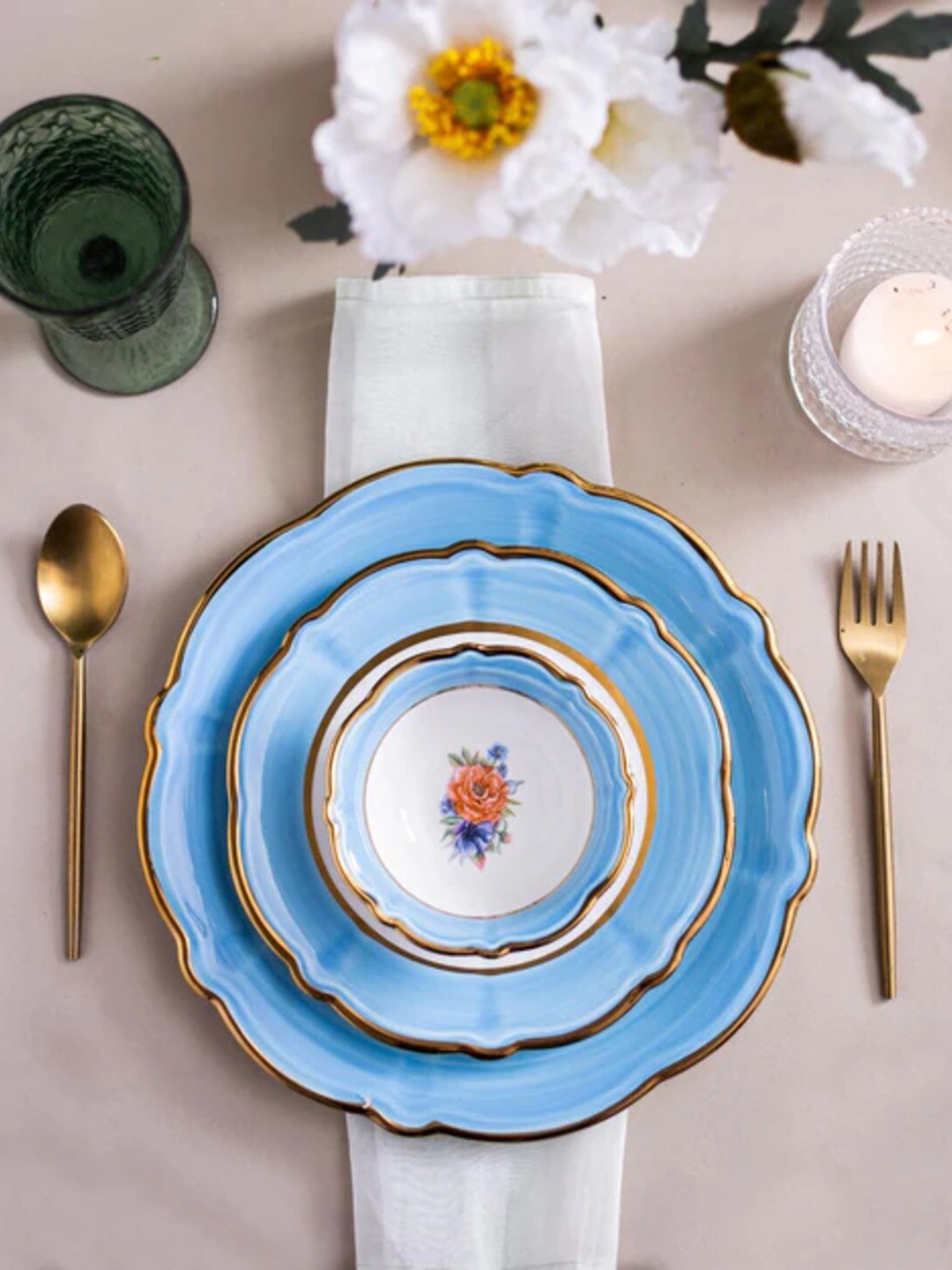 

THEDECORKART Blue Dishwasher Safe Glossy Dinner Wear Ceramic Plates
