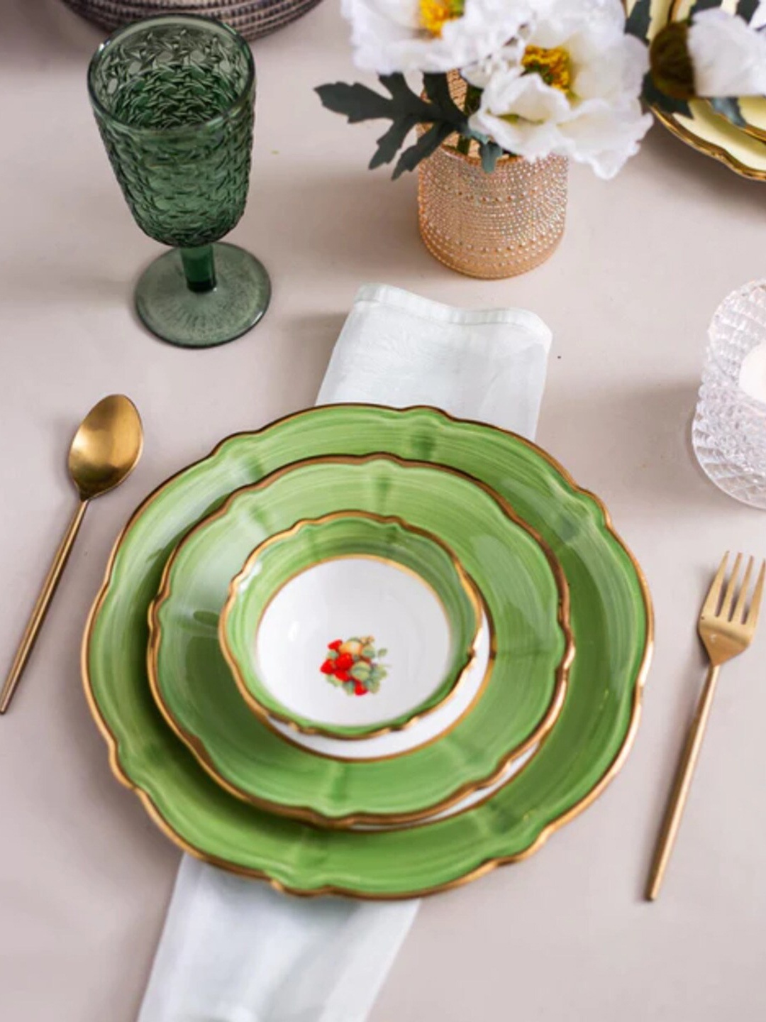 

THEDECORKART Green Dishwasher Safe Glossy Dinner Wear Ceramic Plates
