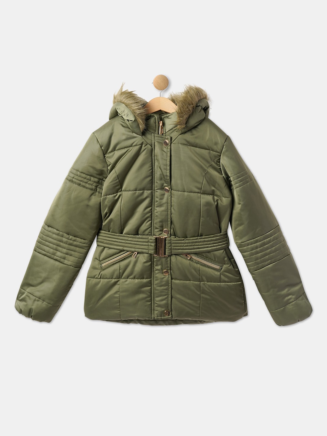 

R&B Girls Hooded Faux Fur Trim Parka Jacket, Olive