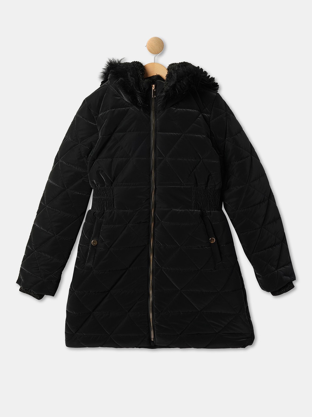 

R&B Girls Faux Fur Trim Hooded Longline Parka Jacket, Black