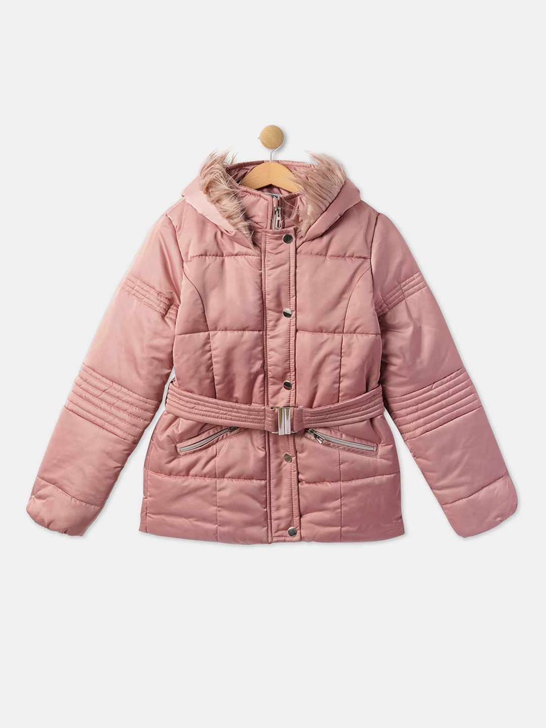 

R&B Girls Faux Fur Trim Hooded Longline Parka Jacket, Pink