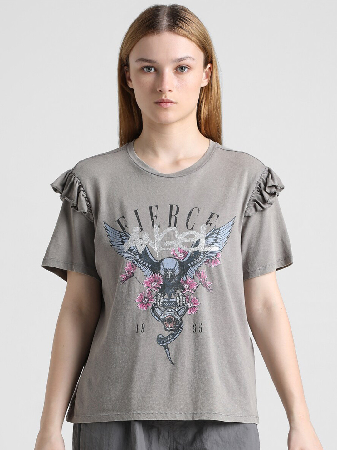 

ONLY Graphic Printed Cotton T-shirt, Grey