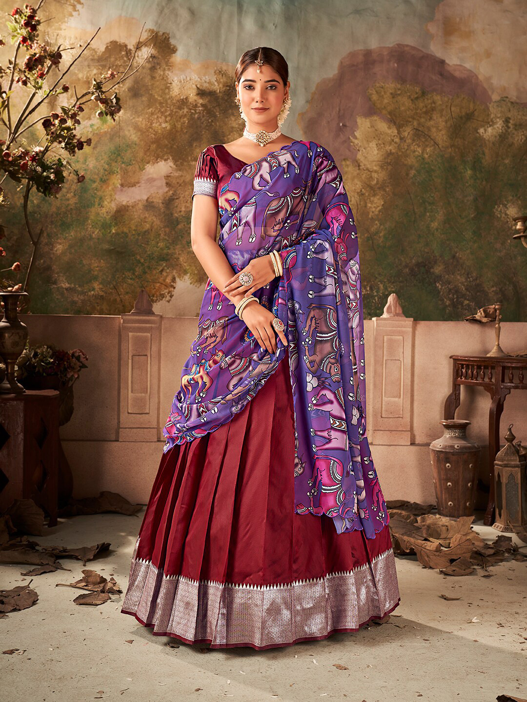 

SHOPGARB Semi-Stitched Silk Lehenga & Unstitched Blouse With Dupatta, Maroon