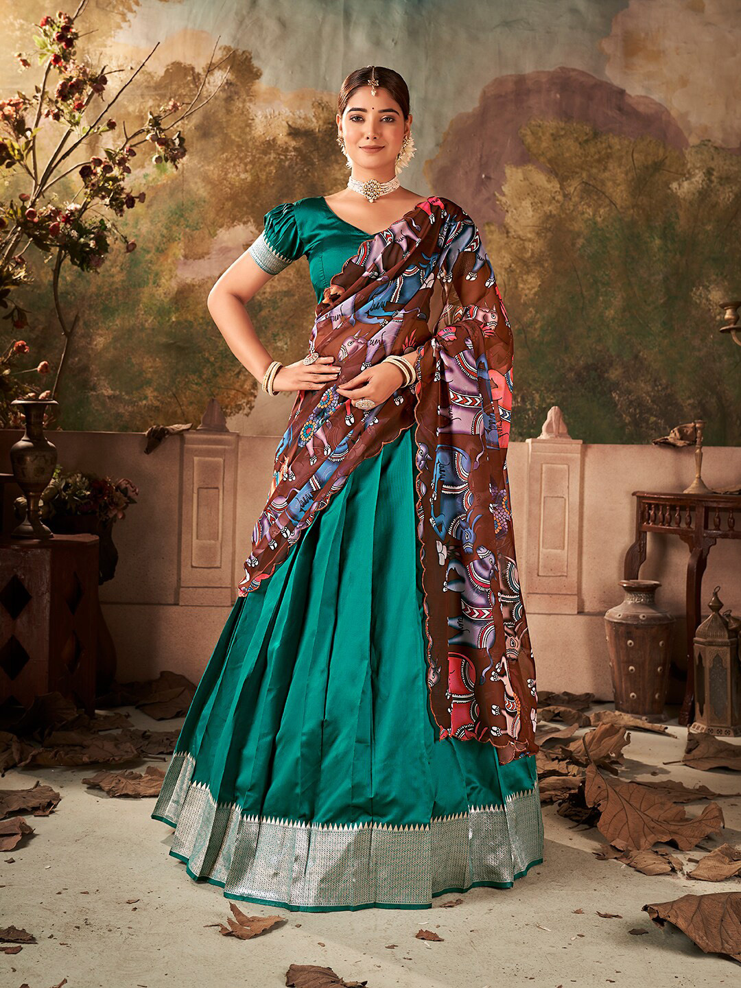 

SHOPGARB Semi-Stitched Silk Lehenga & Unstitched Blouse With Dupatta, Teal