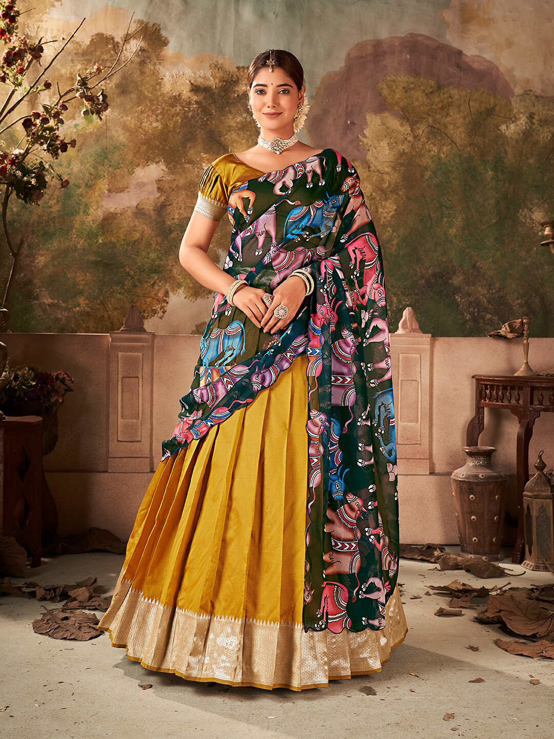 

SHOPGARB Semi-Stitched Silk Lehenga & Unstitched Blouse With Dupatta, Mustard