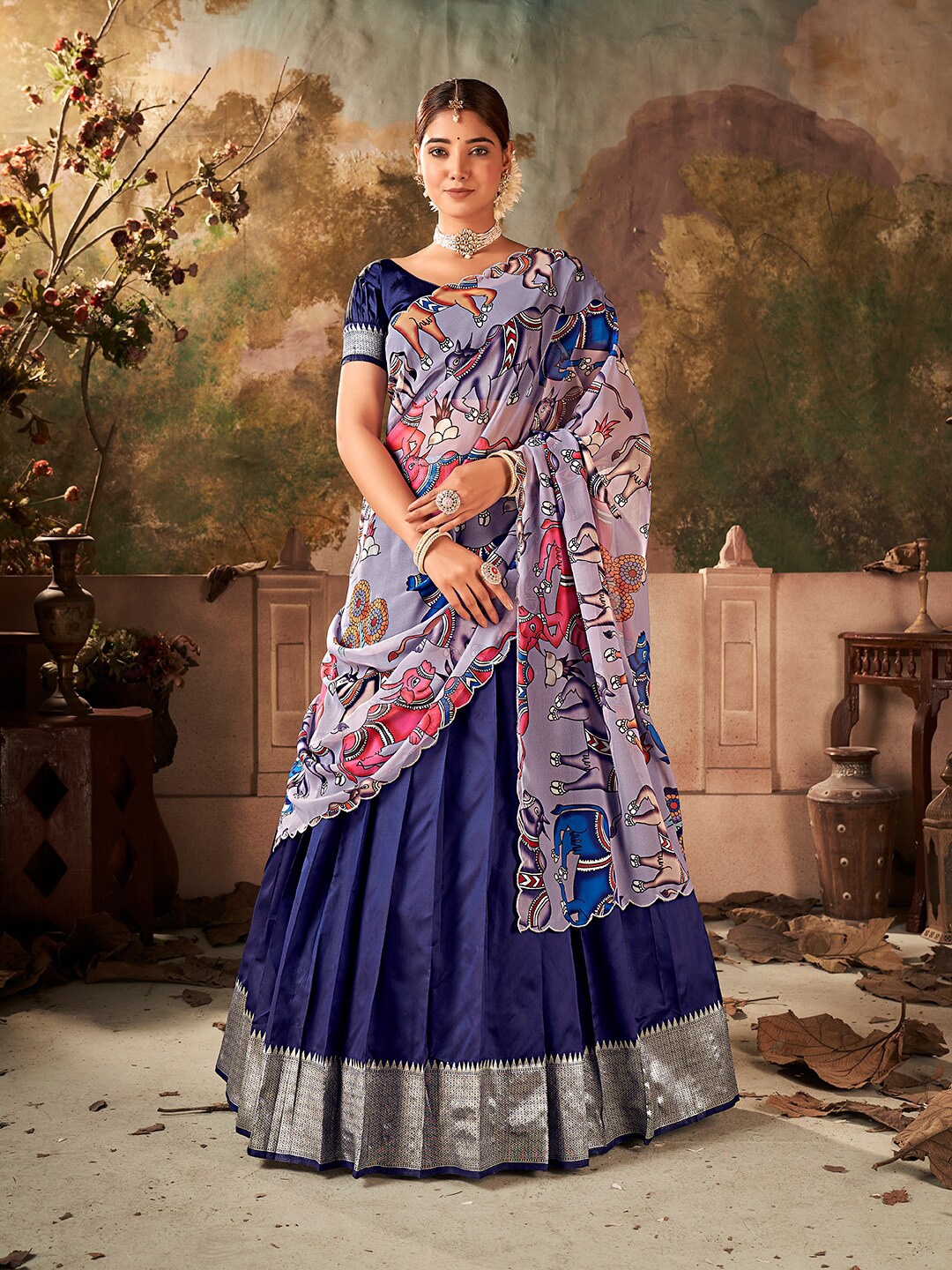 

SHOPGARB Semi-Stitched Silk Lehenga & Unstitched Blouse With Dupatta, Navy blue