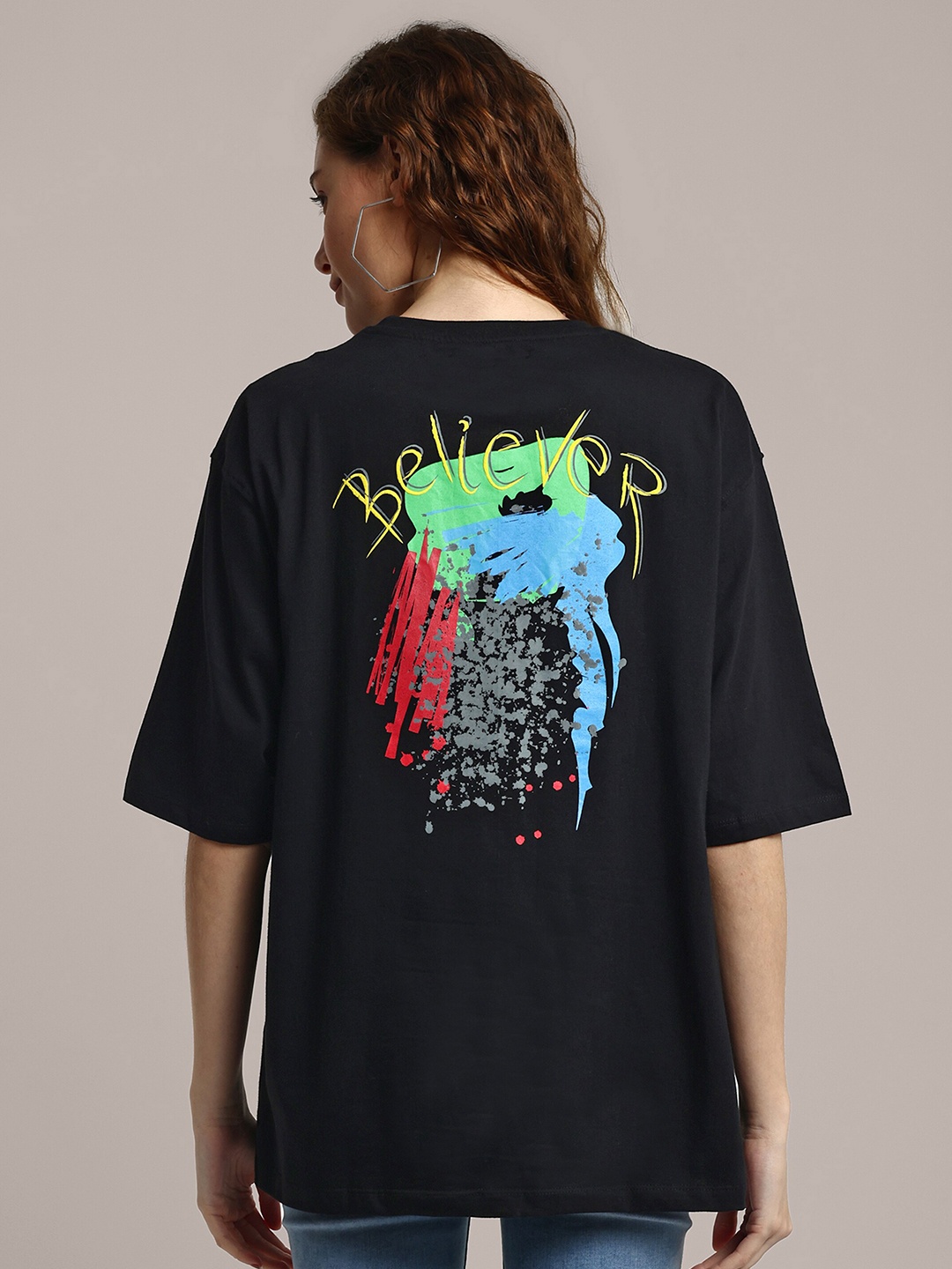 

iki chic Graphic Printed Drop-Shoulder Sleeves Oversized Cotton T-shirt, Black