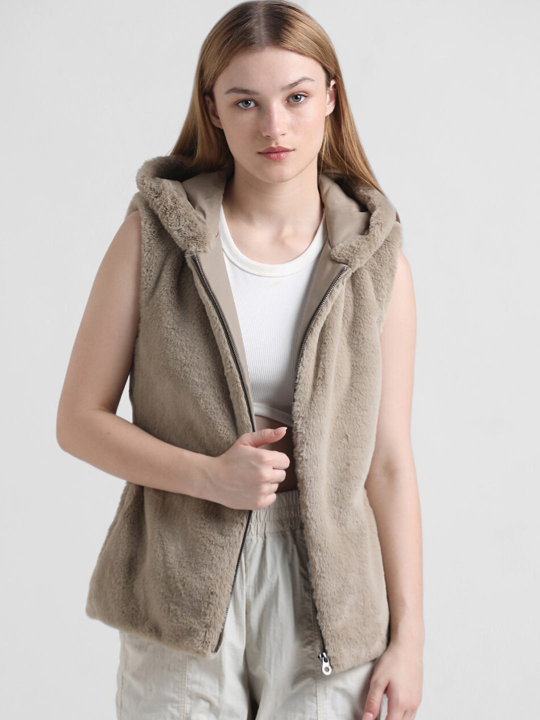 

ONLY Faux Fur Detail Sleeveless Hooded Tailored Jacket, Brown