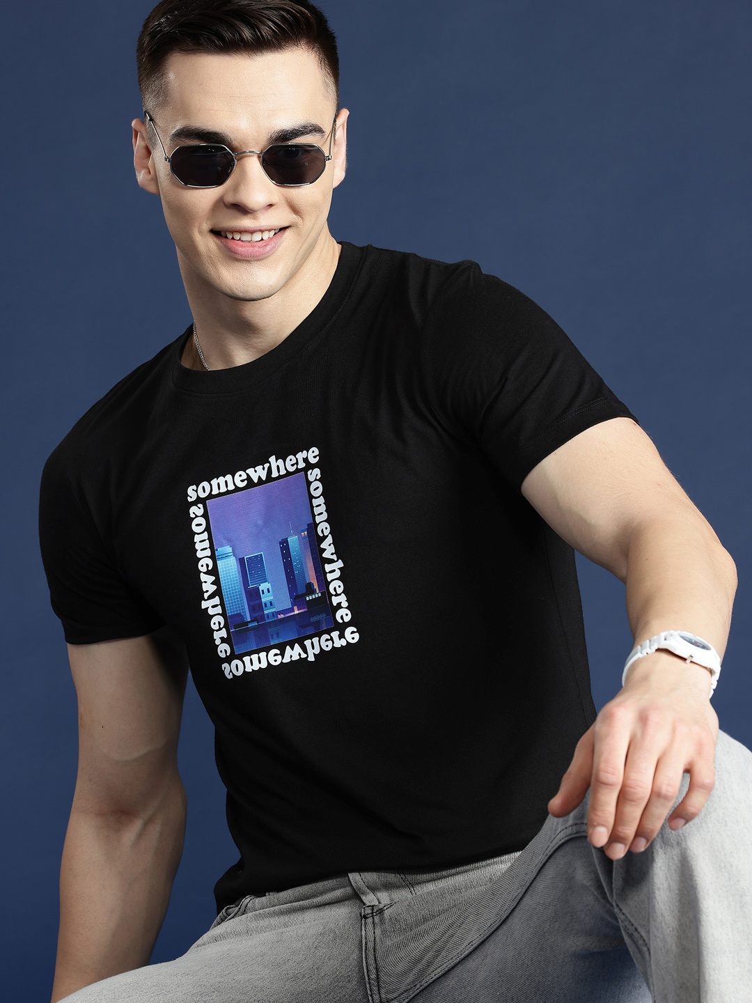 

Mast & Harbour Men Graphic Printed Regular Fit T-shirt, Black