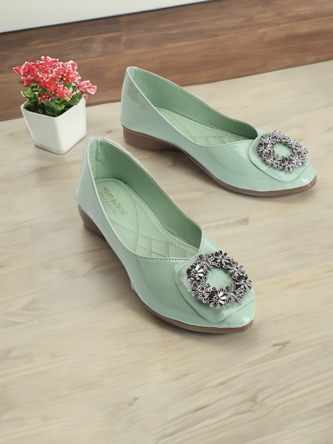 

madam glorious Embellished Pointed Toe Ballerinas, Sea green