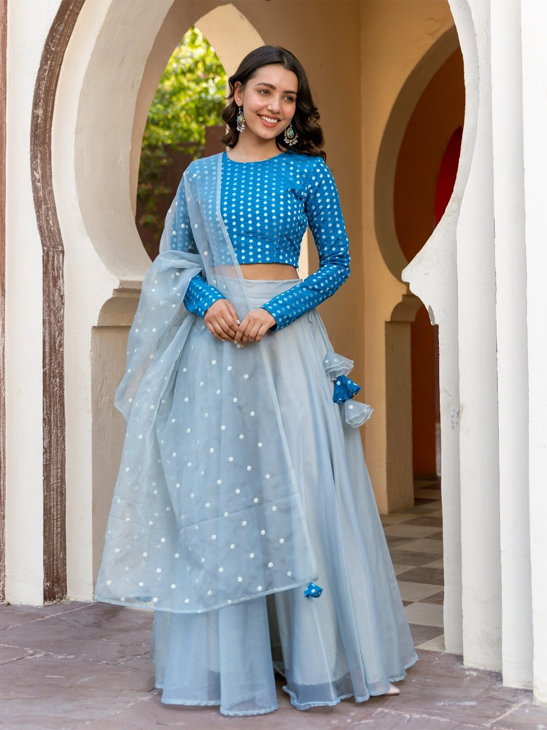 

Vinya Printed Ready to Wear Benaras Lehenga & Choli WIth Dupatta, Teal