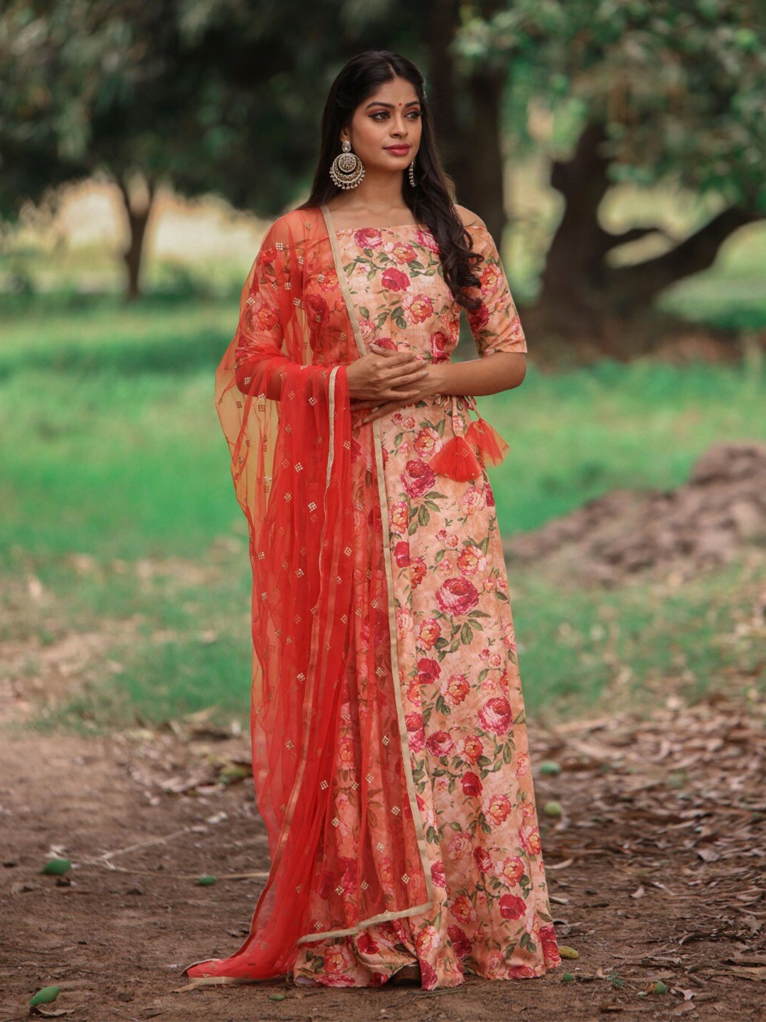 

Vinya Floral Printed Ready to Wear Lehenga & Choli WIth Dupatta, Orange