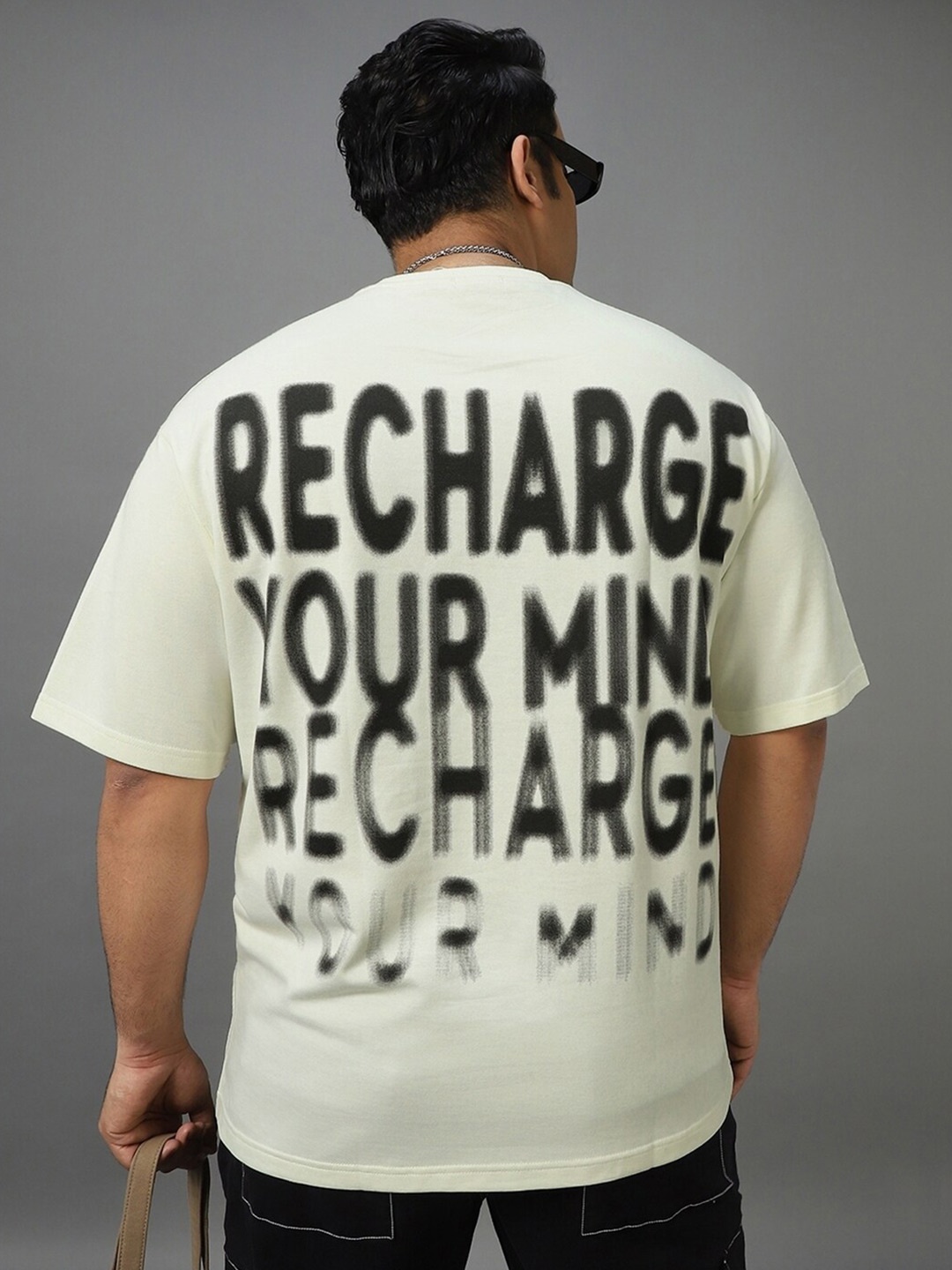 

Bewakoof Heavy Duty Plus Size Typography Printed Cotton Super Loose Fit T-shirt, Off white
