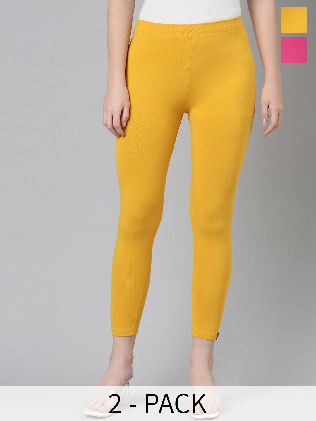 

Twin Birds Pack Of 2 Women Solid Skinny Fit High Ankle Cropped Leggings, Pink