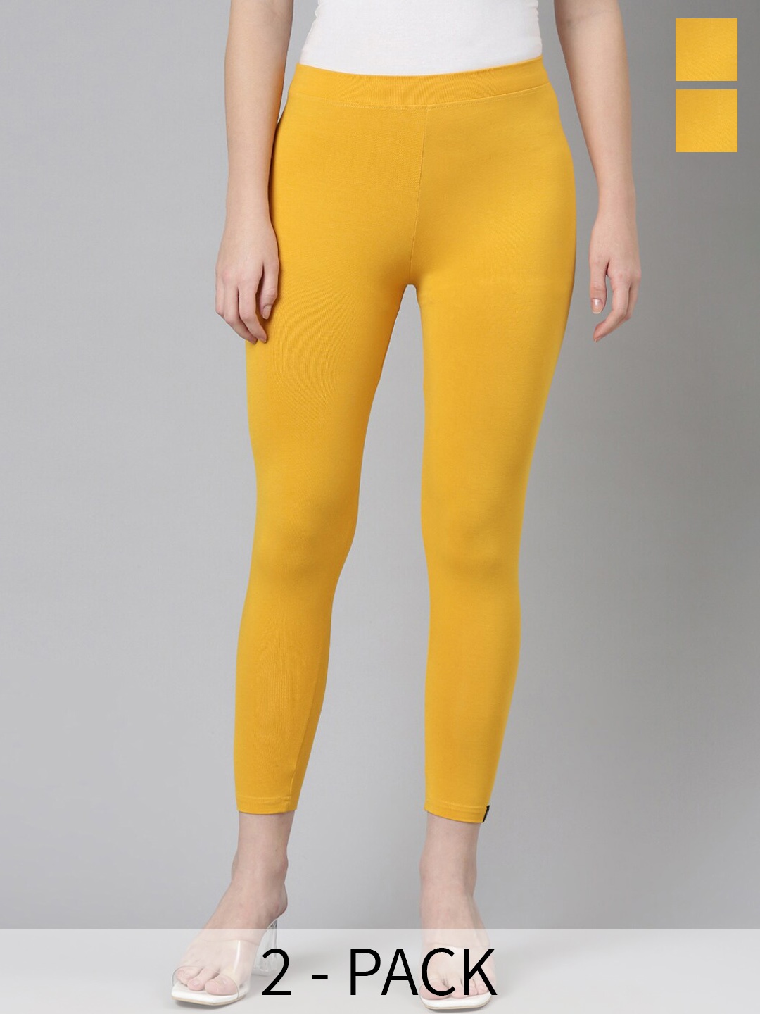 

Twin Birds Pack Of 2 Women Solid Skinny Fit High Ankle Cropped Leggings, Yellow