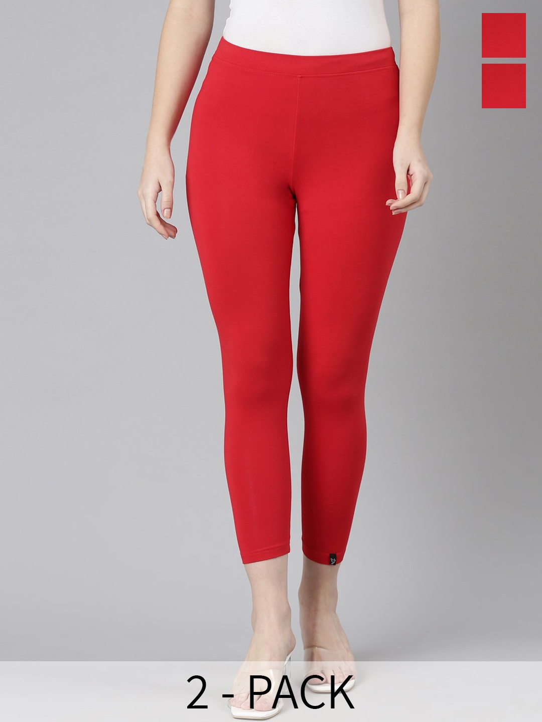 

Twin Birds Pack Of 2 Women Solid Skinny Fit High Ankle Cropped Leggings, Red