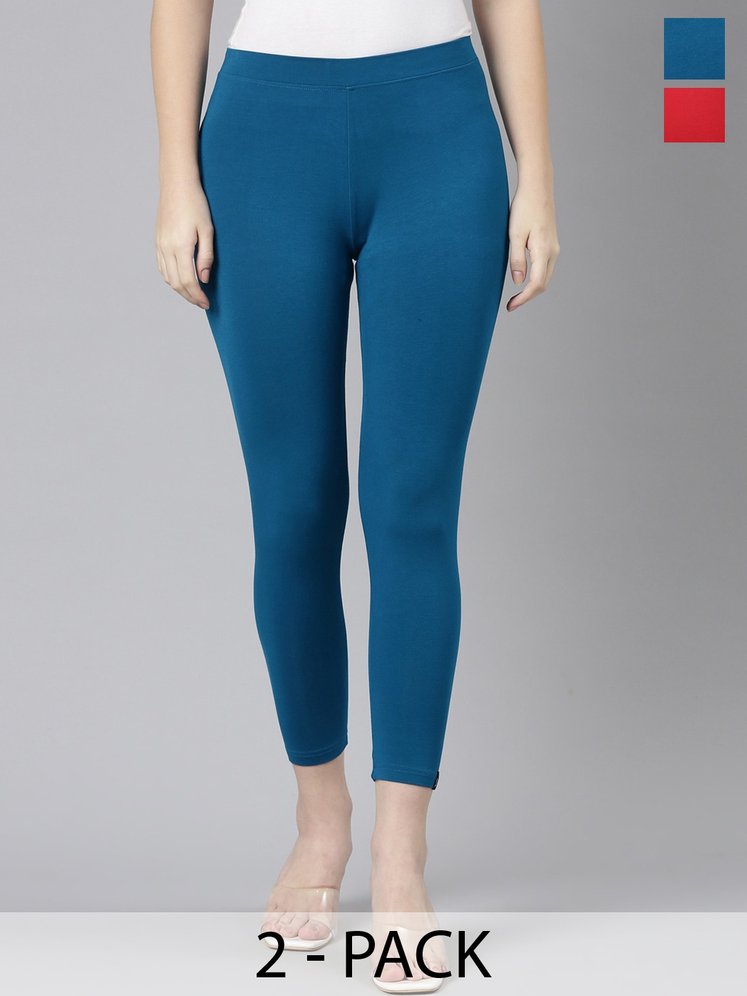 

Twin Birds Pack Of 2 Women Solid Skinny Fit High Ankle Cropped Leggings, Teal