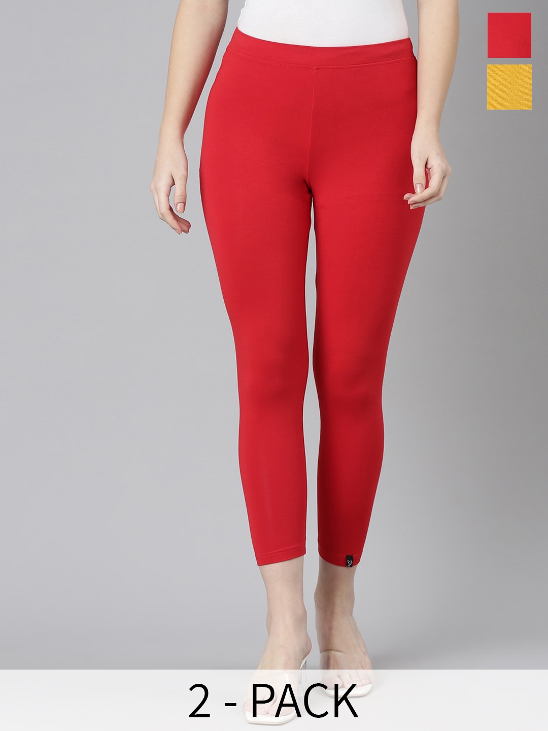 

Twin Birds Pack Of 2 Women Solid Skinny Fit High Ankle Cropped Leggings, Red