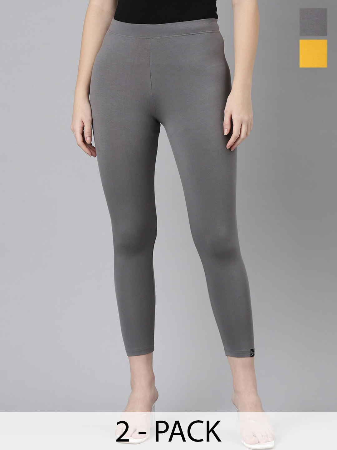 

Twin Birds Pack Of 2 Women Solid Skinny Fit High Ankle Cropped Leggings, Grey