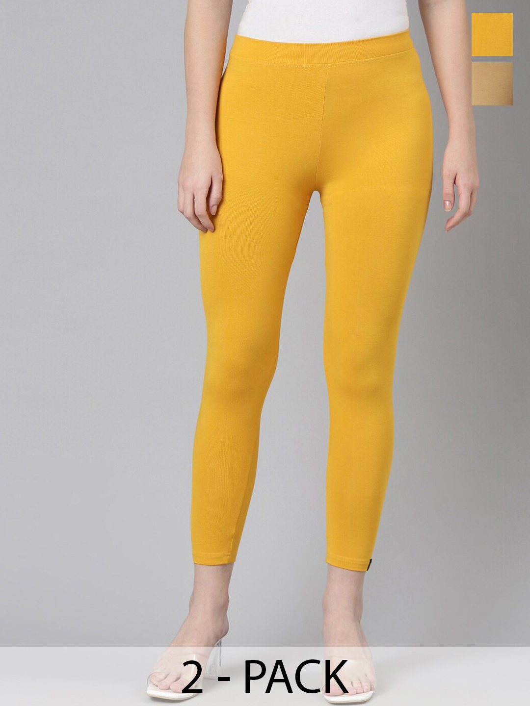

Twin Birds Pack Of 2 Women Solid Skinny Fit High Ankle Cropped Leggings, Beige
