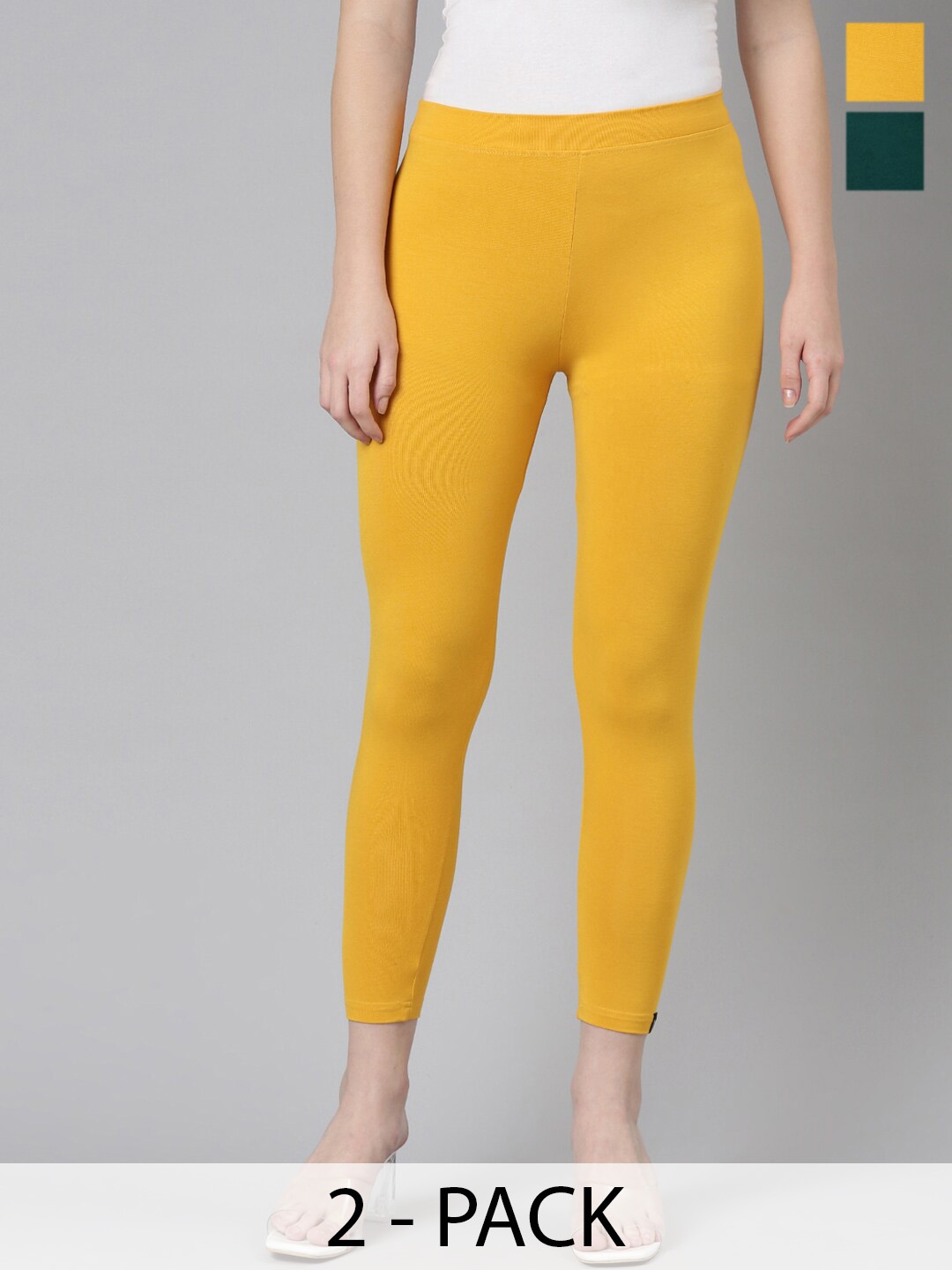 

Twin Birds Pack Of 2 Women Solid Skinny Fit High Ankle Cropped Leggings, Green