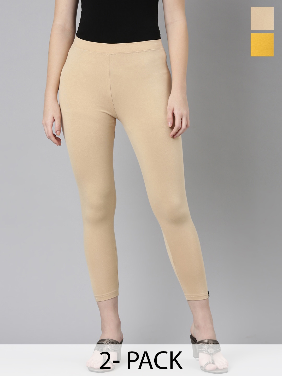 

Twin Birds Pack Of 2 Women Solid Skinny Fit High Ankle Cropped Leggings, Beige