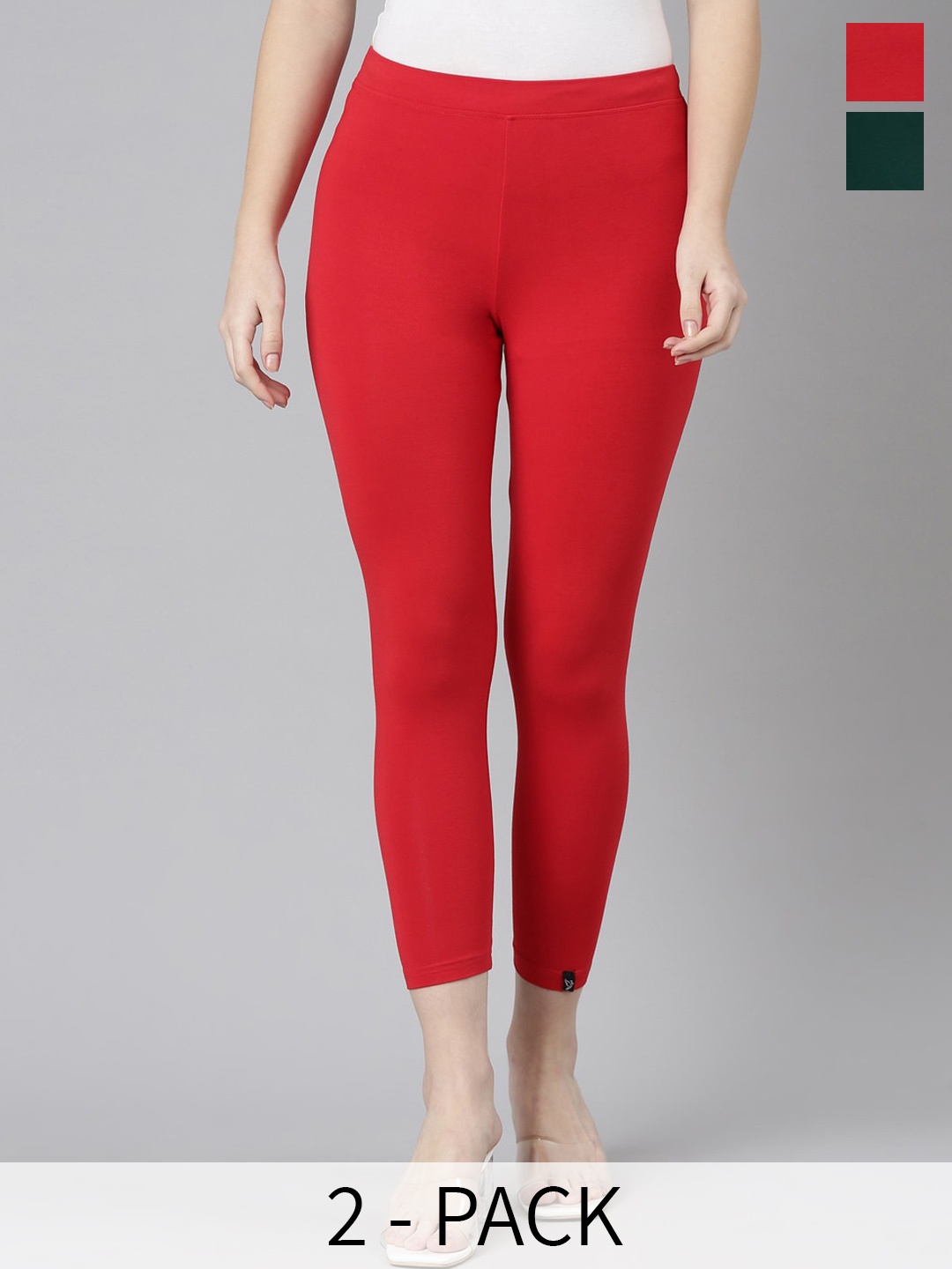 

Twin Birds Pack Of 2 Women Solid Skinny Fit High Ankle Cropped Leggings, Green