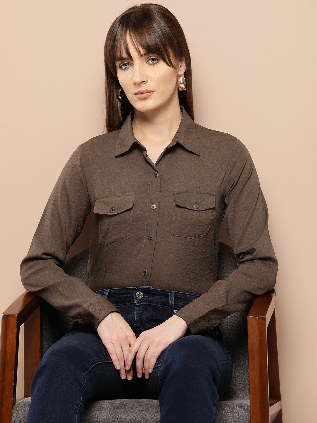 

Chemistry Women Solid Comfort Opaque Casual Shirt, Brown