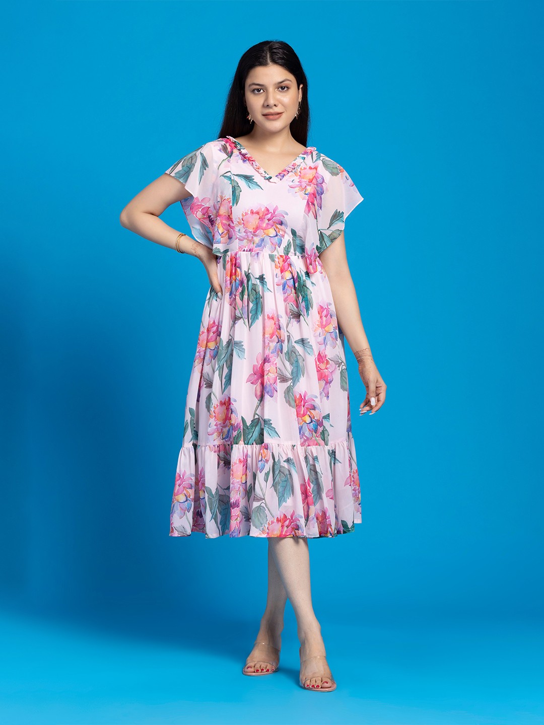 

OCTICS Floral Printed Flared Sleeve Georgette A-Line Maxi Dress, White