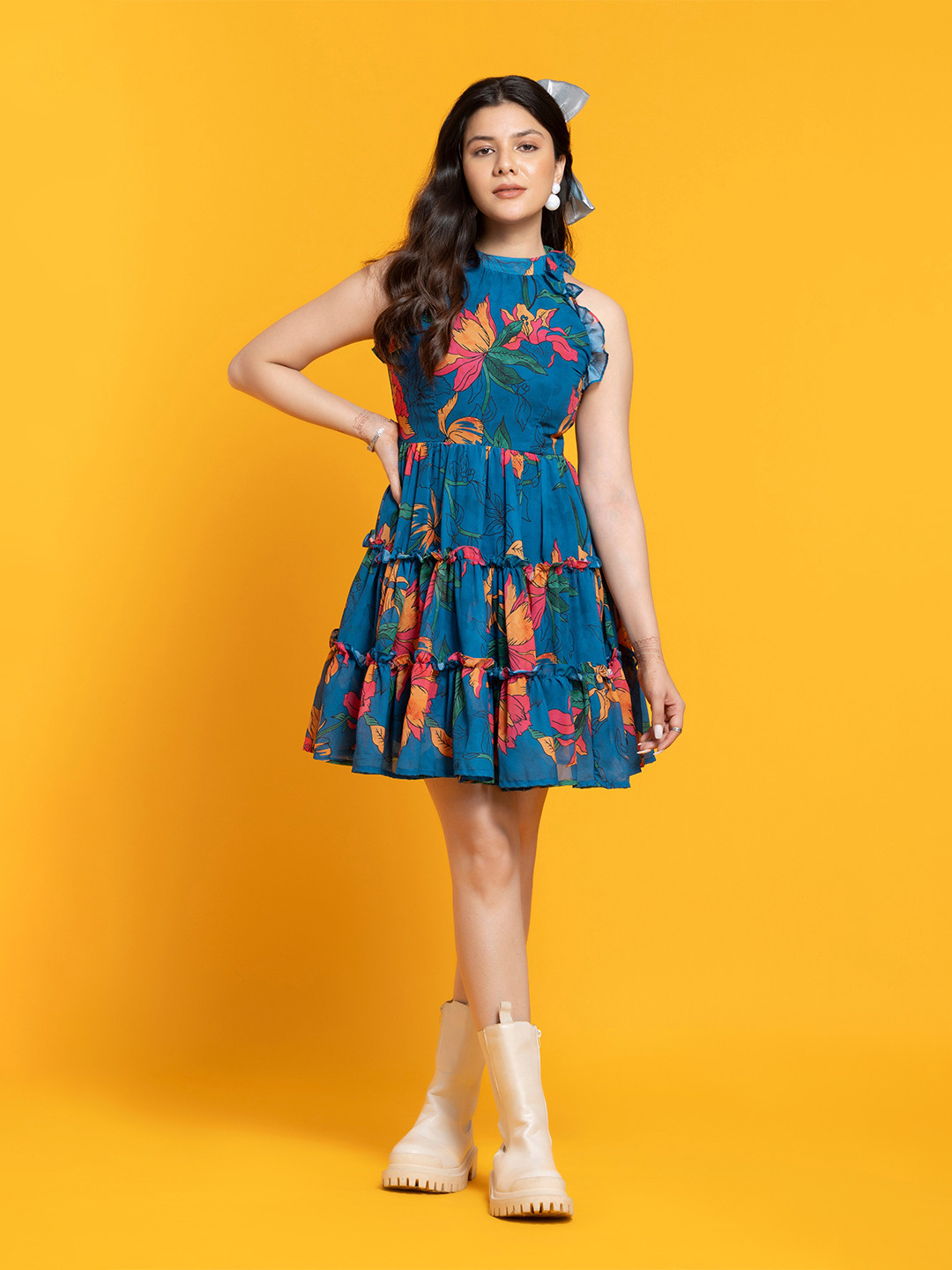 

OCTICS Floral Printed Georgette Fit and Flare Mini Dress, Blue