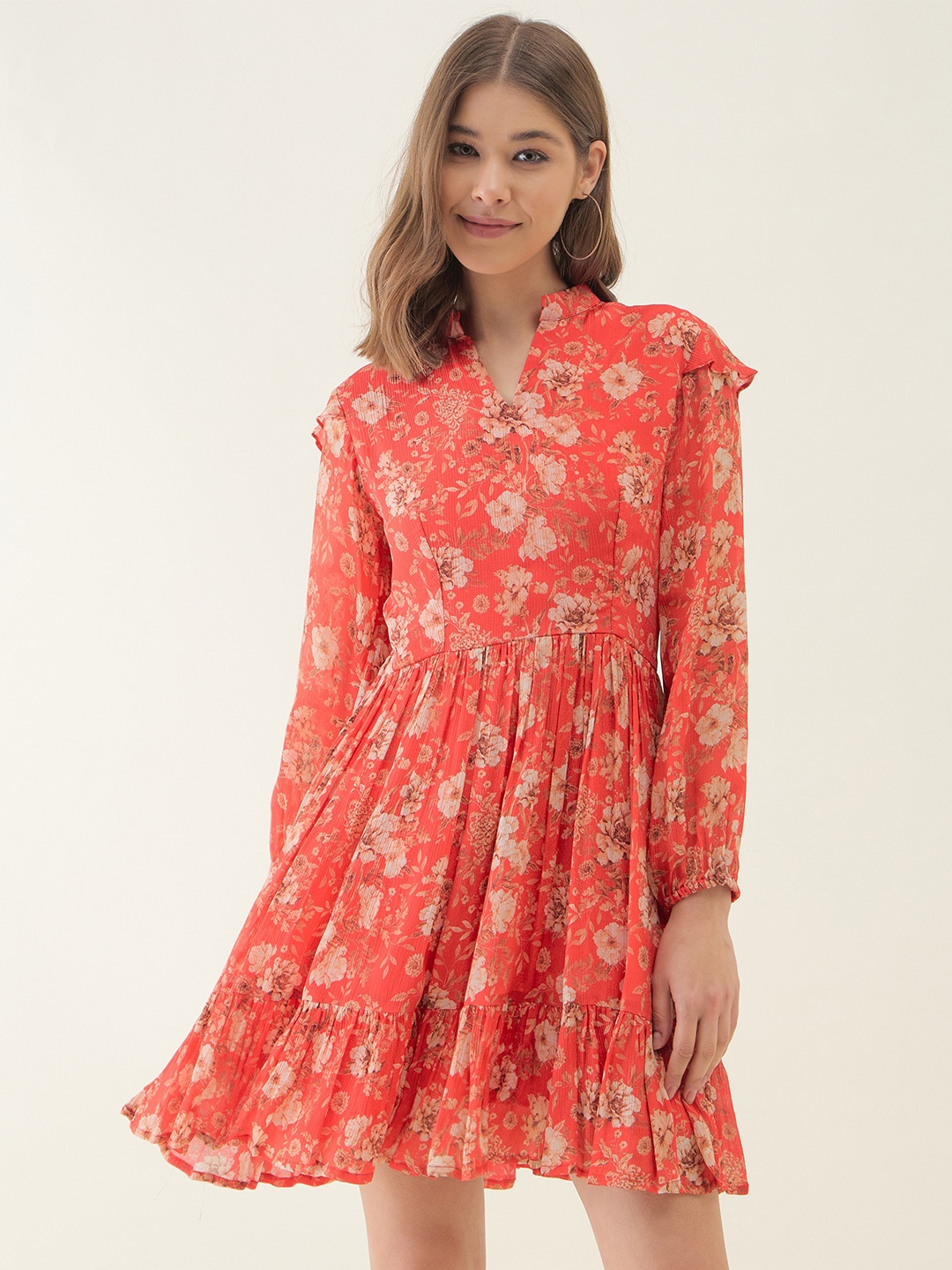 

OCTICS Floral Printed Mandarin Collar Cotton A-Line Dress, Red