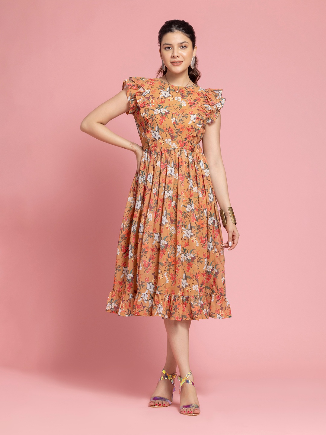 

OCTICS Floral Printed Flutter Sleeves Georgette Fit and Flare Dress, Yellow