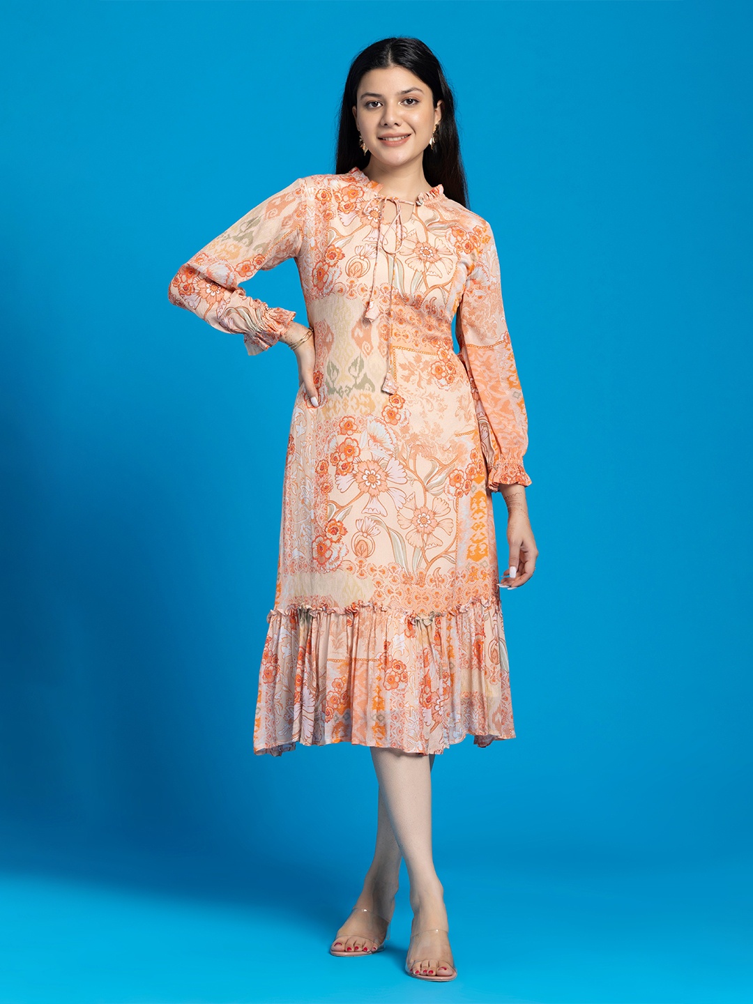 

OCTICS Floral Printed Tie-Up Neck Puffed Sleeves Cotton A-Line Midi Dress, Peach