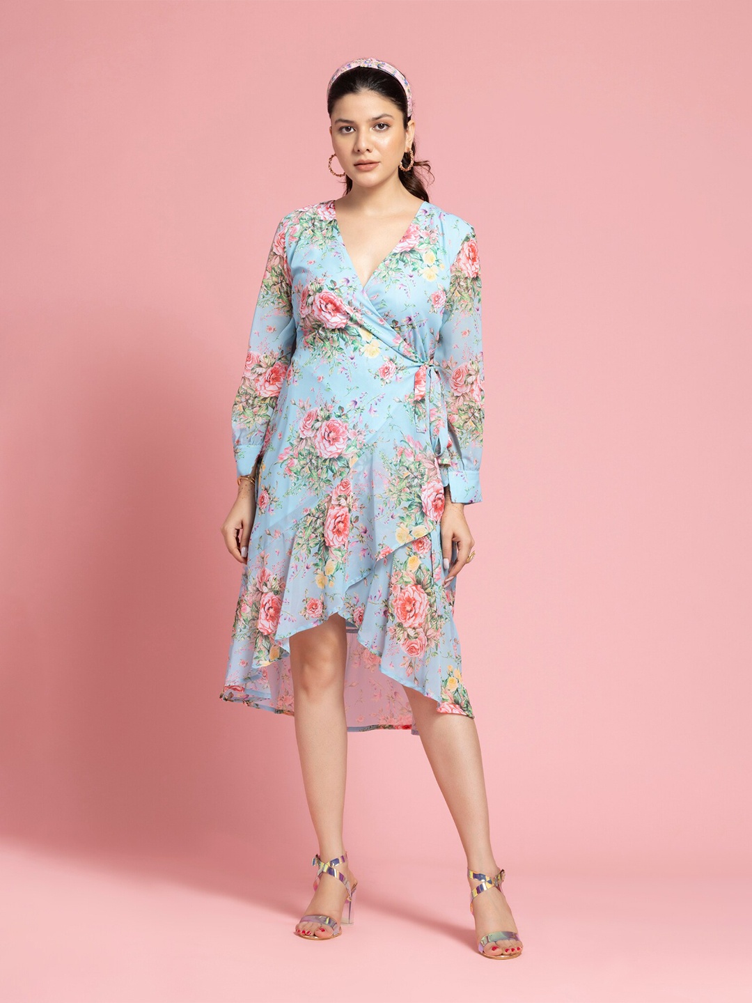 

OCTICS Floral Printed Cuffed Sleeves Georgette Hutch Geo Wrap Midi Dress, Blue