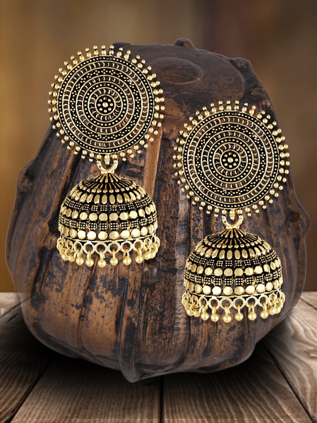 

MEENAZ Gold-Plated 22kt Gold Oxidised Meenakari Pearls Contemporary Jhumkas