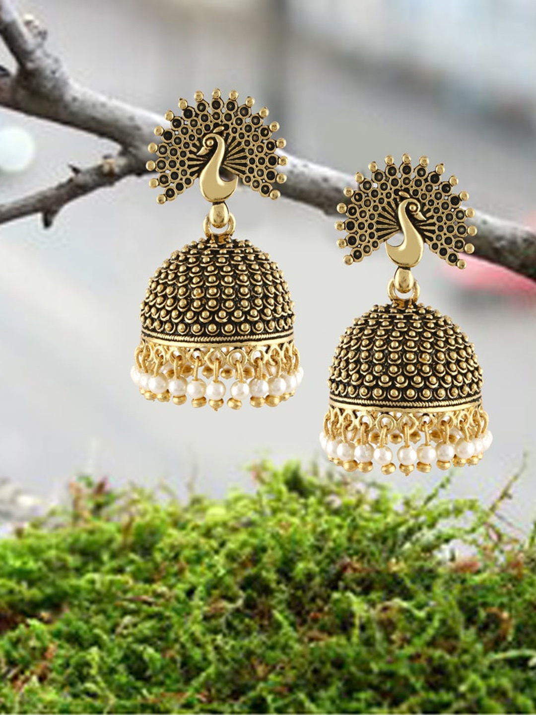 

MEENAZ Gold-Plated 22kt Gold Oxidised Meenakari Pearls Contemporary Jhumka