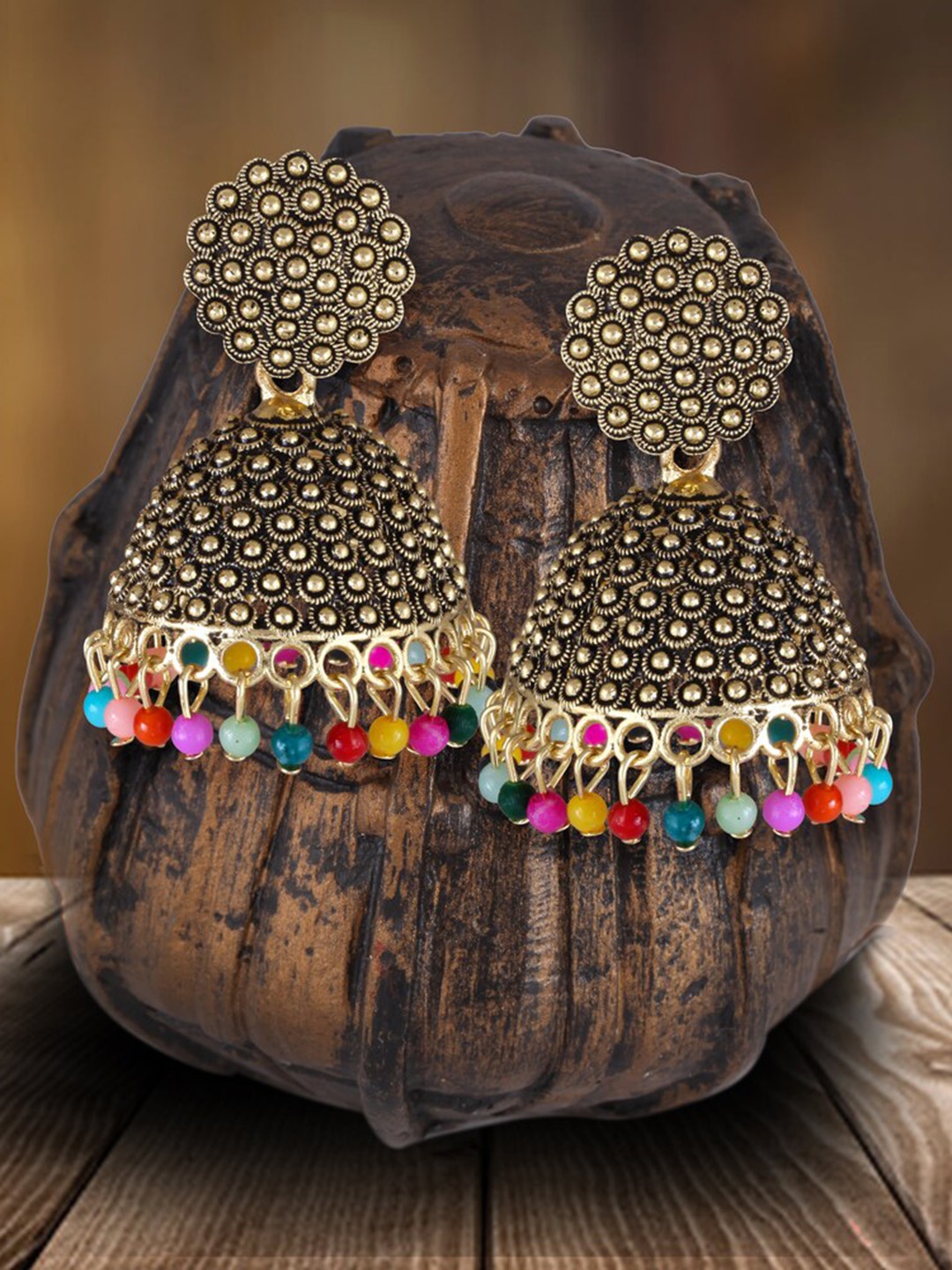 

MEENAZ Gold-Plated Beaded Dome Shaped Oxidised Jhumkas