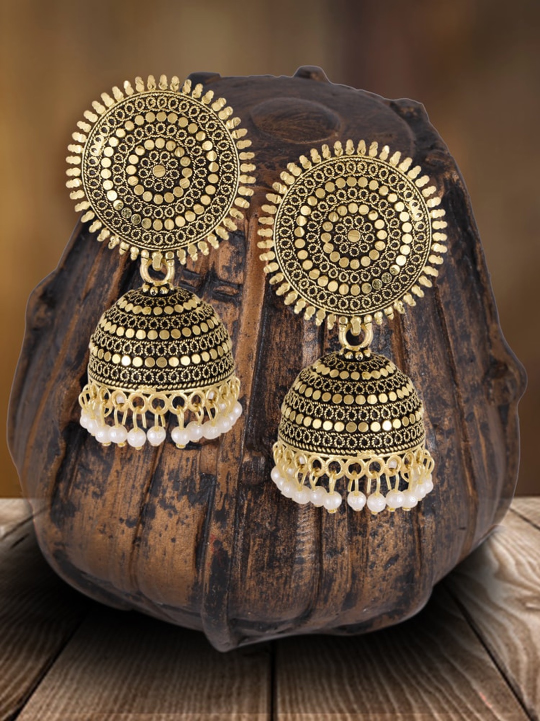 

MEENAZ Gold-Plated Pearls Beaded Contemporary Jhumkas Earrings