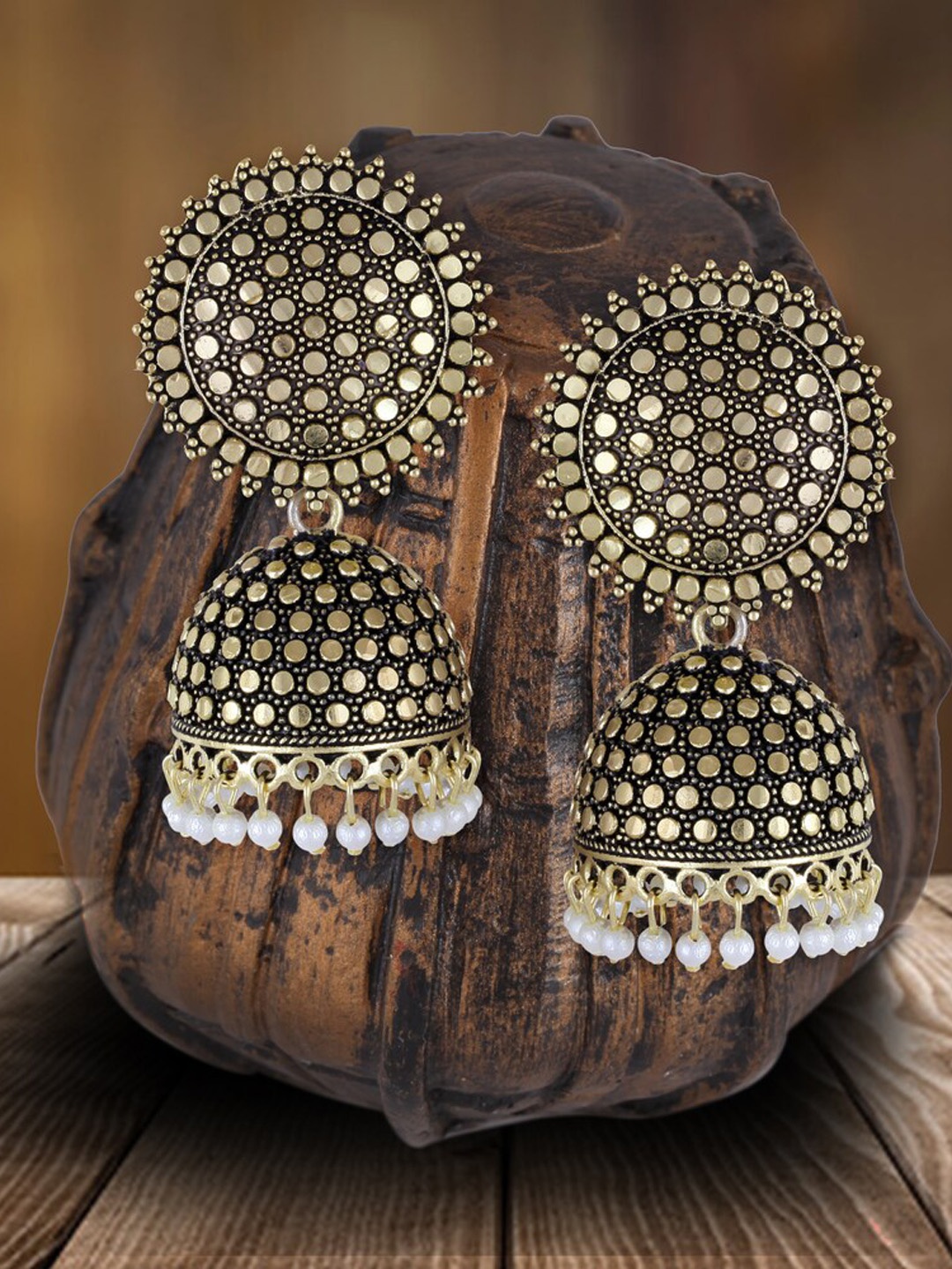 

MEENAZ Gold-Plated Beaded Dome Shaped Oxidised Jhumkas