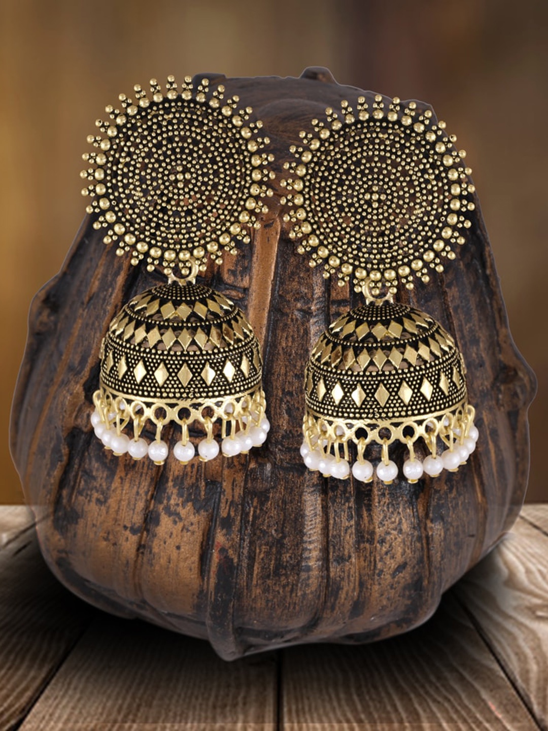 

MEENAZ Gold-Plated 22kt Gold Oxidised Meenakari Pearls Contemporary Jhumka