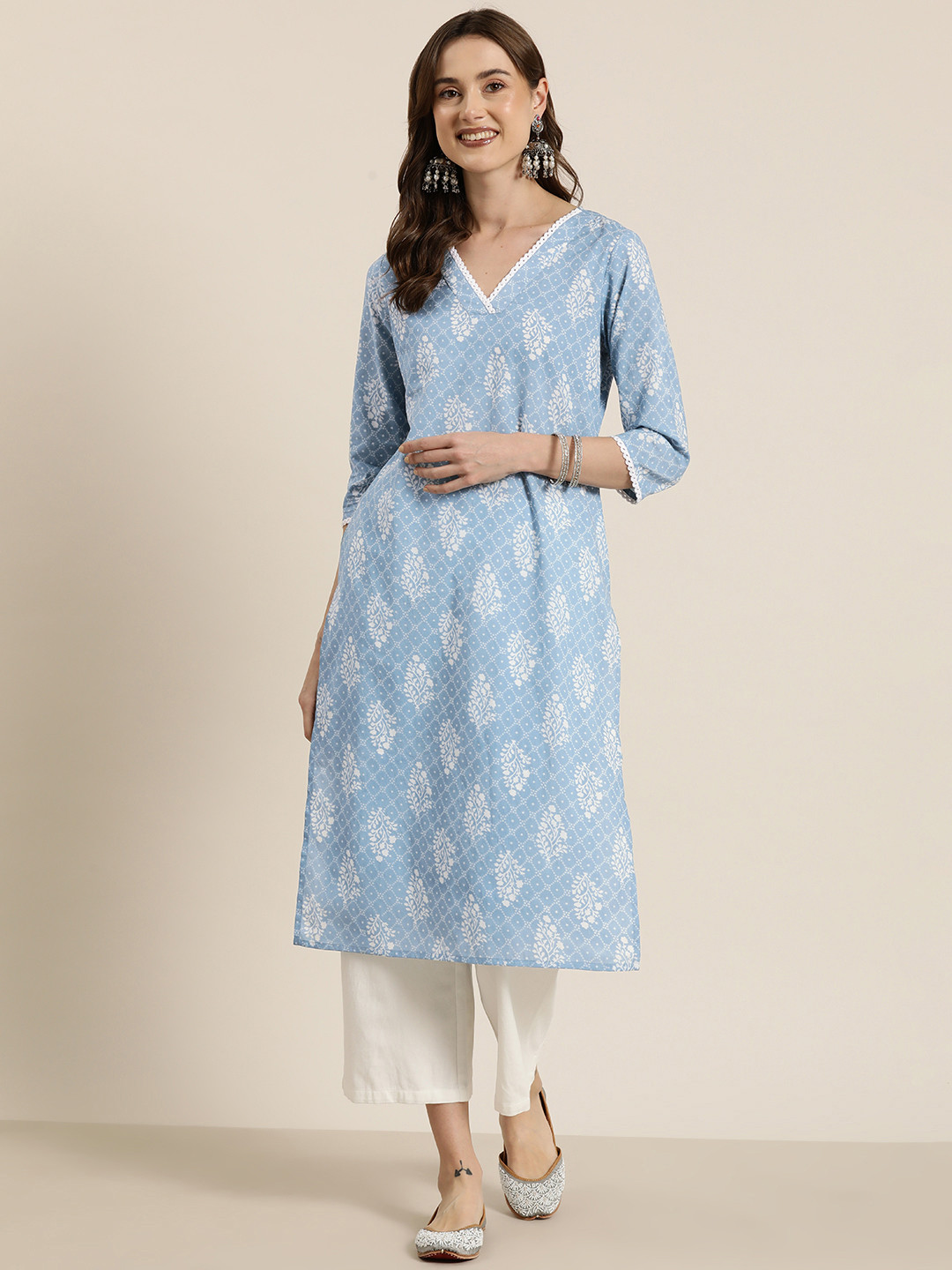 

HERE&NOW Women Floral Printed Cotton Kurta, Turquoise blue