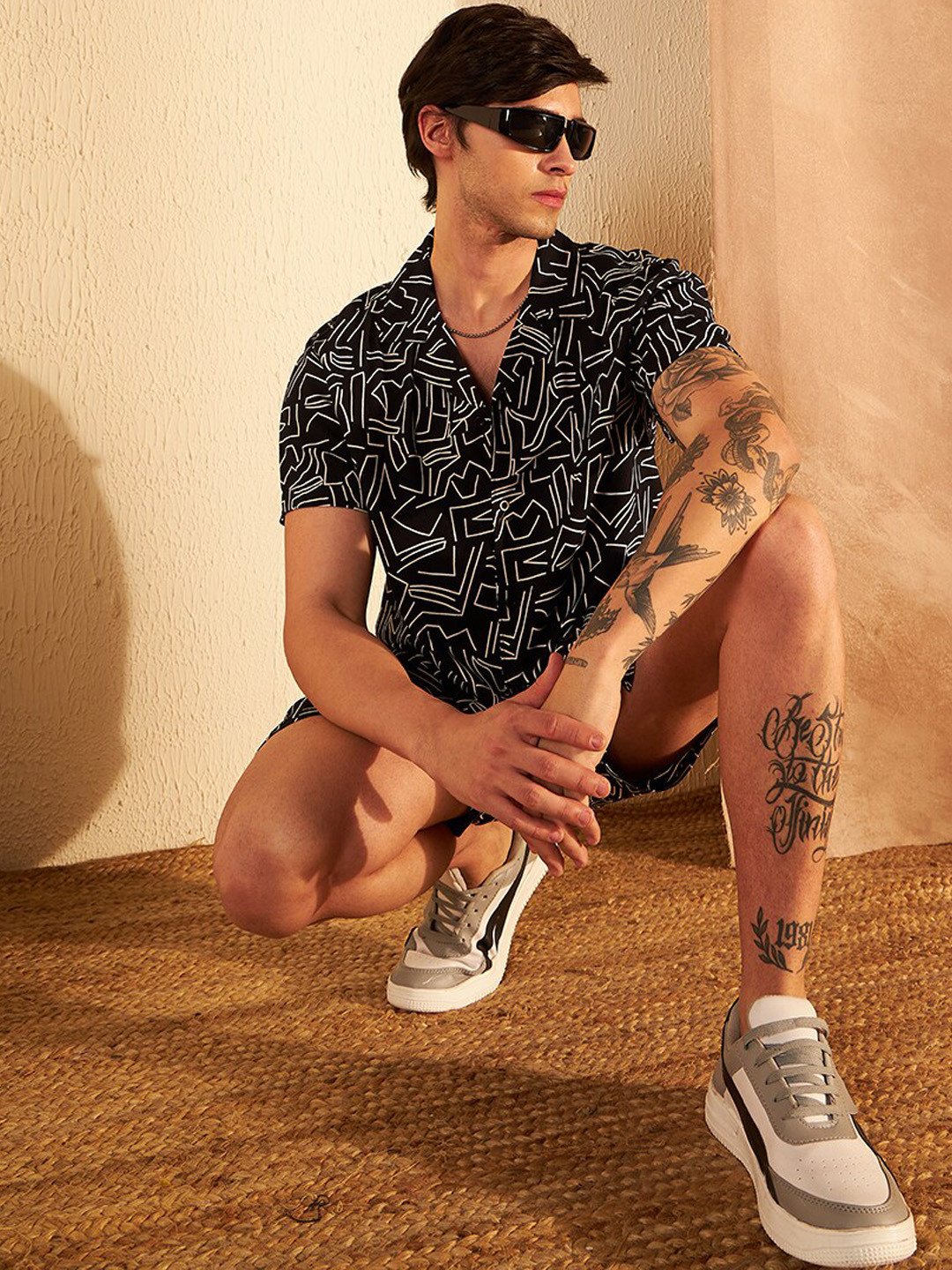 

DENNISON Geometric Printed Cuban Collar Shirt & Short, Black