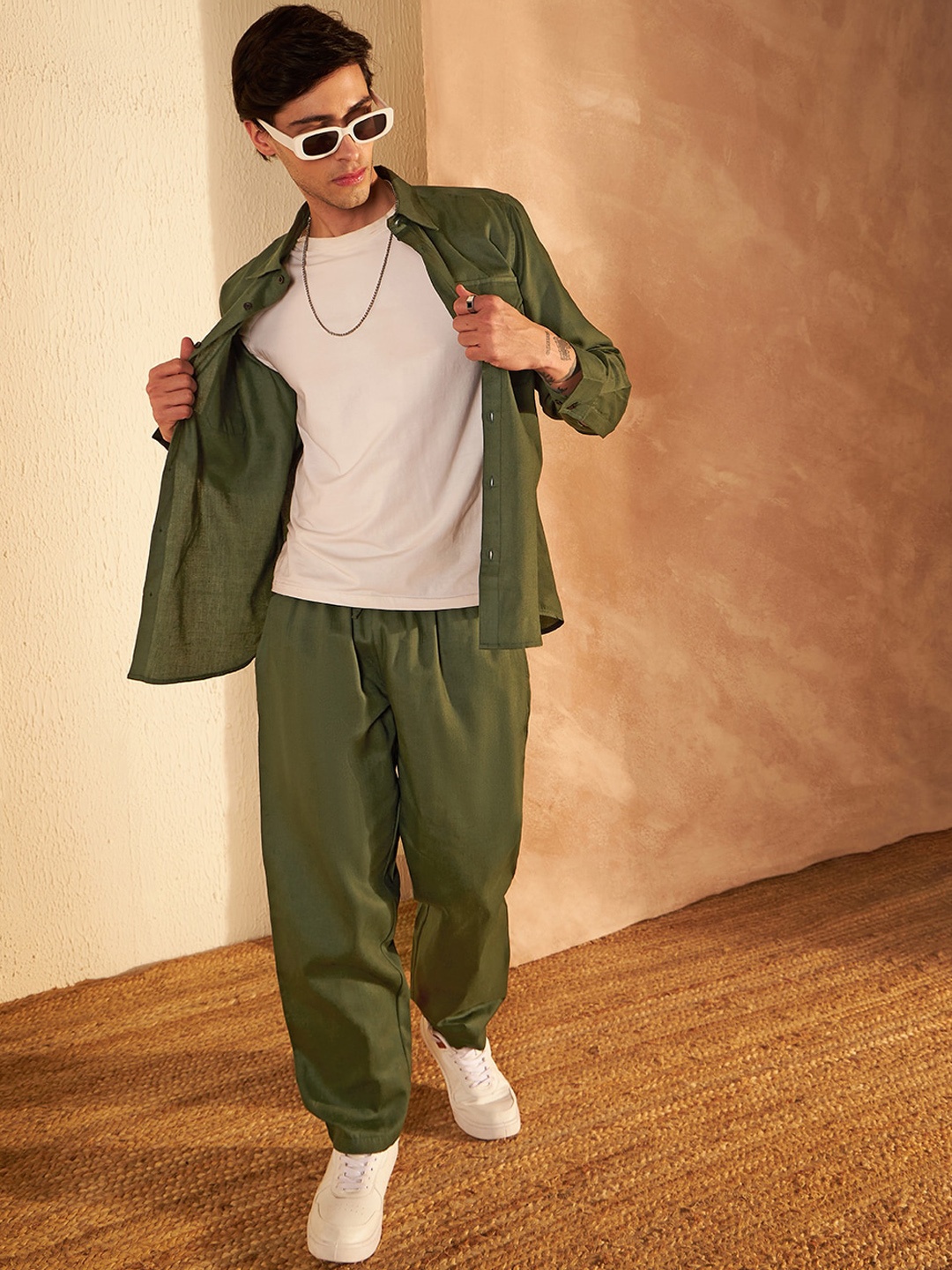DENNISON Pure Cotton Shirt With Trousers Co-Ords, Olive
